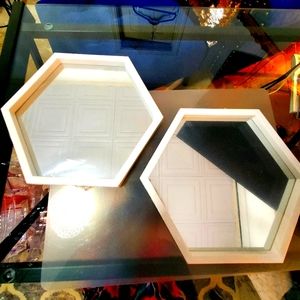 1 Set of 2 Hexagon Shaped Mirrors with White Frame